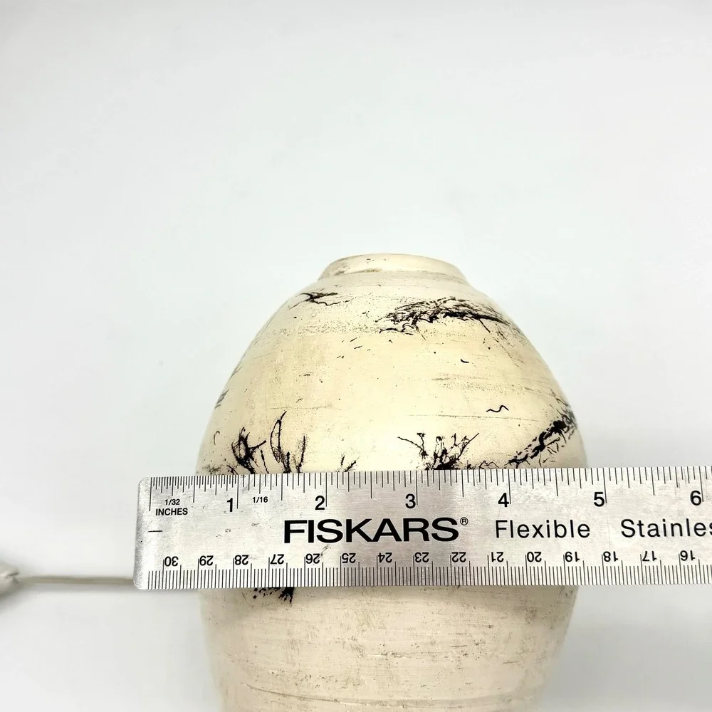 Jack Adelman Studio Pottery Horsehair Raku Vase Abstract‎ Cream Black 7.25